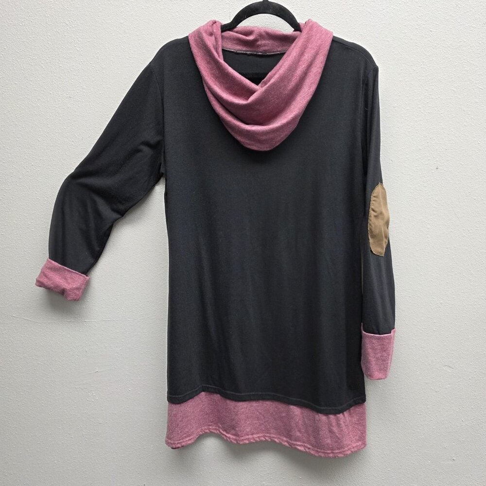 Colorblock Shirt Womens XL Black Pink Hooded Tunic Elbow Patch Long Sleeve Top
